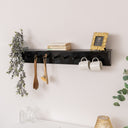 Large Black Wooden Wall Shelf with Hooks - 100cm