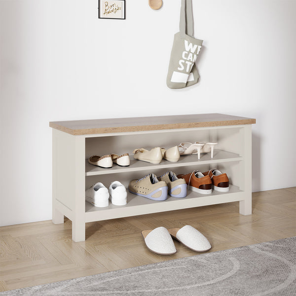 Large Cream & Wooden Shoe Rack / Hallway Bench - 100cm – Melody