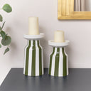 Large Dark Green Striped Pillar Candle Holder - 28cm