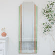 Large Frameless Pink &amp; Green Glass Art Deco Wall Mirror 52cm x 142cm