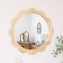 Large Light Wood Scalloped Edge Bevelled Wall Mirror - 97cm