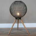 Large Round Black &amp; Wooden Metal Wire Freestanding Lamp 65cm x 46cm
