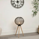 Large Round Black & Wooden Metal Wire Freestanding Lamp 65cm x 46cm