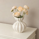 Large Round Fluted White Speckled Ceramic Flower Vase
