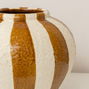 Medium Round Mustard Brown &amp; Cream Ceramic Striped Betty Style Flower Vase - 24.5cm x 20.5cm