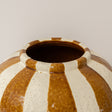 Medium Round Mustard Brown &amp; Cream Ceramic Striped Betty Style Flower Vase - 24.5cm x 20.5cm