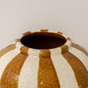 Medium Round Mustard Brown &amp; Cream Ceramic Striped Betty Style Flower Vase - 24.5cm x 20.5cm