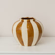 Medium Round Mustard Brown &amp; Cream Ceramic Striped Betty Style Flower Vase - 24.5cm x 20.5cm