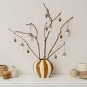 Medium Round Mustard Brown &amp; Cream Ceramic Striped Betty Style Flower Vase - 24.5cm x 20.5cm