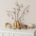 Medium Round Mustard Brown &amp; Cream Ceramic Striped Betty Style Flower Vase - 24.5cm x 20.5cm