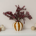 Medium Round Mustard Brown & Cream Ceramic Striped Betty Style Flower Vase - 24.5cm x 20.5cm