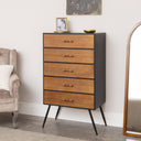 Mid-Century Modern Wooden & Black 5 Drawer Tallboy - Industrial Range