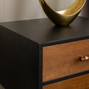 Mid-Century Modern Wooden &amp; Black 5 Drawer Tallboy &amp; Pair of 2 Drawer Bedside Tables - Industrial Range