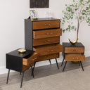 Mid-Century Modern Wooden &amp; Black 5 Drawer Tallboy &amp; Pair of 2 Drawer Bedside Tables - Industrial Range