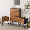 Mid-Century Modern Wooden &amp; Black 5 Drawer Tallboy &amp; Pair of 2 Drawer Bedside Tables - Industrial Range