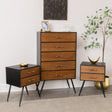 Mid-Century Modern Wooden &amp; Black 5 Drawer Tallboy &amp; Pair of 2 Drawer Bedside Tables - Industrial Range