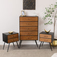Mid-Century Modern Wooden &amp; Black 5 Drawer Tallboy &amp; Pair of 2 Drawer Bedside Tables - Industrial Range
