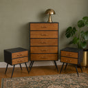 Mid-Century Modern Wooden &amp; Black 5 Drawer Tallboy &amp; Pair of 2 Drawer Bedside Tables - Industrial Range