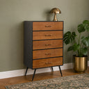 Mid-Century Modern Wooden &amp; Black 5 Drawer Tallboy &amp; Pair of 2 Drawer Bedside Tables - Industrial Range