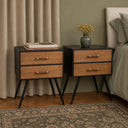 Mid-Century Modern Wooden &amp; Black 5 Drawer Tallboy &amp; Pair of 2 Drawer Bedside Tables - Industrial Range