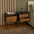 Mid-Century Modern Wooden &amp; Black 5 Drawer Tallboy &amp; Pair of 2 Drawer Bedside Tables - Industrial Range