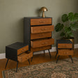Mid-Century Modern Wooden &amp; Black 5 Drawer Tallboy &amp; Pair of 2 Drawer Bedside Tables - Industrial Range