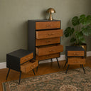 Mid-Century Modern Wooden &amp; Black 5 Drawer Tallboy &amp; Pair of 2 Drawer Bedside Tables - Industrial Range