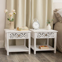 Pair of Distressed White Mango Wood Bohemian Bedside Tables - Freya White Range