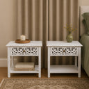 Pair of Distressed White Mango Wood Bohemian Bedside Tables - Freya White Range