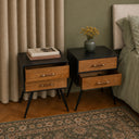 Pair of Mid-Century Modern Wood &amp; Black 2 Drawer Bedside Tables - Ludlow Range