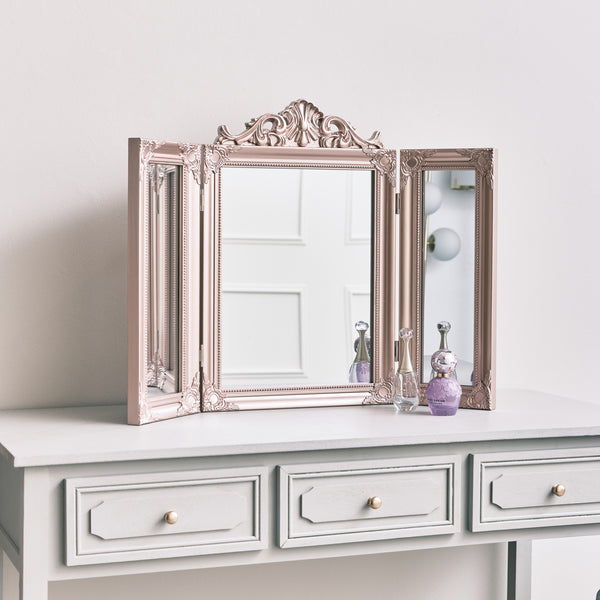 Rose Gold Pink Ornate Dressing Table Triple Mirror  Melody Maison Ltd