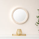 Round Distressed White Washed Wooden Bobbin Detailed Wall Mirror - 50cm x 50cm