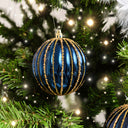 Set of 2 Blue Glitter Striped Reeded Hanging Baubles - 8cm