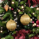 Set of 2 Gold Glitter Striped Reeded Hanging Bauble Decorations - 8cm