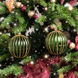 Set of 2 Green Glitter Striped Reeded Hanging Baubles - 8cm