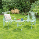 Ornate Metal Sage Green Round Garden Table & Set of 2 Ornate Garden Chairs