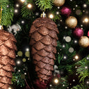 Set of 2 Tan Glittered Pinecone Bauble Decoration 12cm