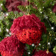 Set of 3 Large Round Red Seaquin &amp; Feathered Top Baubles