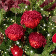 Set of 3 Large Round Red Seaquin & Feathered Top Baubles