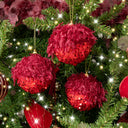 Set of 3 Large Round Red Seaquin & Feathered Top Baubles
