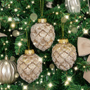 Set of 3 Neutral Sequin Frosted Pine Cone Bauble Decorations - 8cm