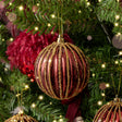 Set of 3 Red Glitter Striped Reeded Hanging Baubles - 8cm