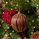Set of 3 Red Glitter Striped Reeded Hanging Baubles - 8cm