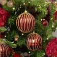 Set of 3 Red Glitter Striped Reeded Hanging Baubles - 8cm