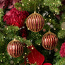 Set of 3 Red Glitter Striped Reeded Hanging Christmas Baubles - 8cm