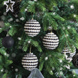 Set of 3 Round Black & White Stripe Rope Christmas Tree Baubles - 8cm