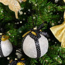 Set of 3 Round White &amp; Black Gold Ribbon Baubles