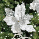 Set of 3 Metallic &amp; Glitter Silver Poinsettia Pick Christmas Decorations - 29cm