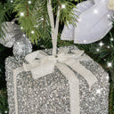 Set Of 3 Silver Tinsel &amp; White Ribbon Christmas Present Tree Decorations