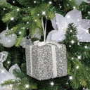 Set Of 3 Silver Tinsel &amp; White Ribbon Christmas Present Tree Decorations